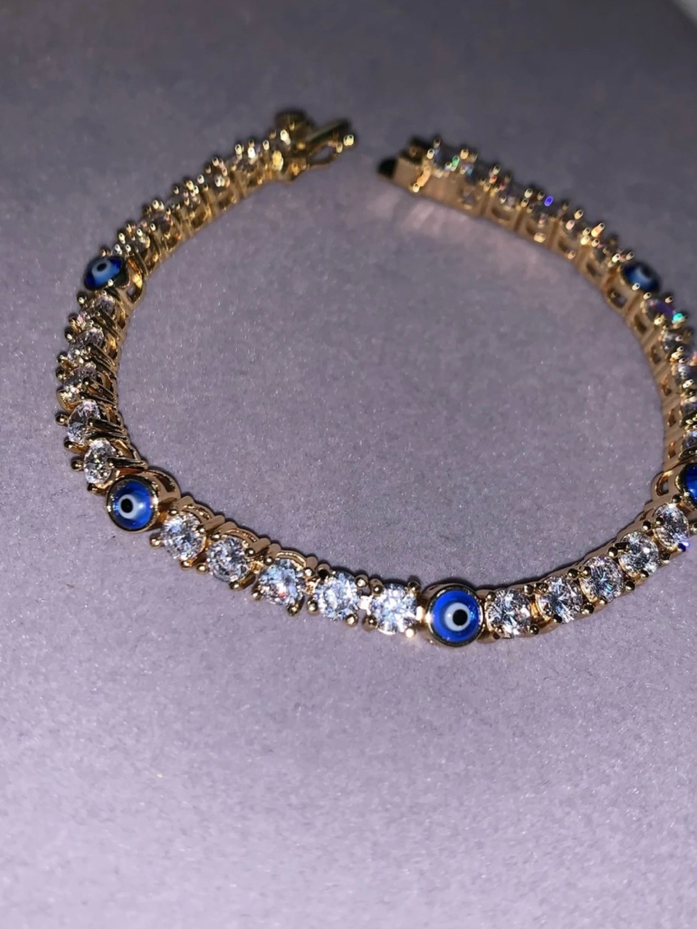 Gold-Tone Blue Evil Eye Tennis Bracelet with Clear Stones 8inch